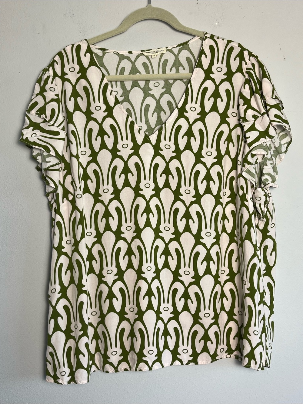 Christian Siriano Boho Blouse Top Moss Green White Abstract Ruffle Sleeves 3X